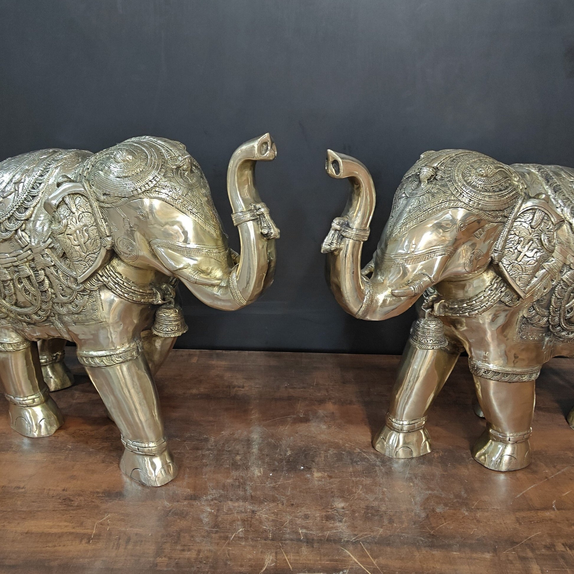 Brass Large Engraved Elephant Pair Statue Figurine Showpiece 22 Inch - Image 2