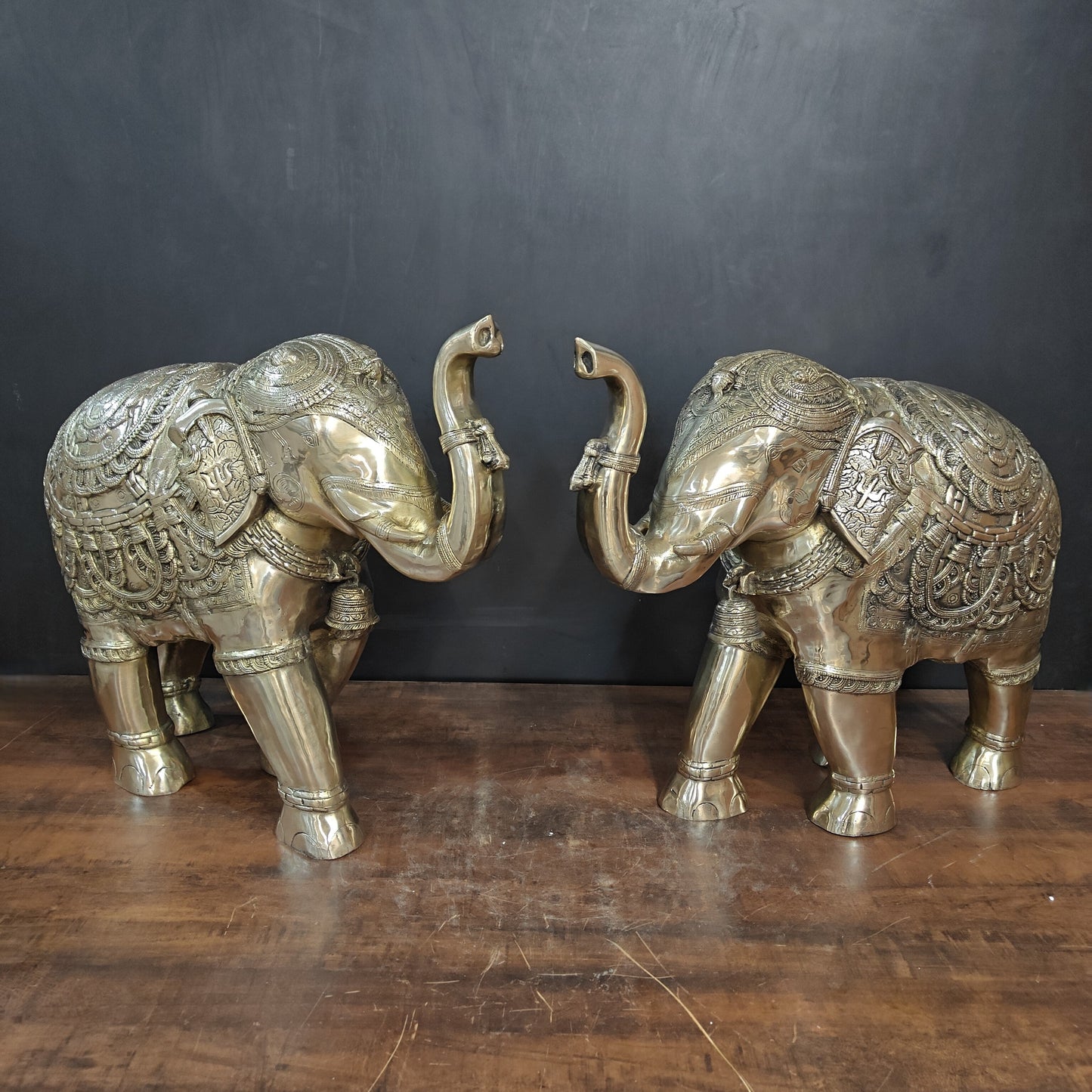 Brass Large Engraved Elephant Pair Statue Figurine Showpiece 22 Inch