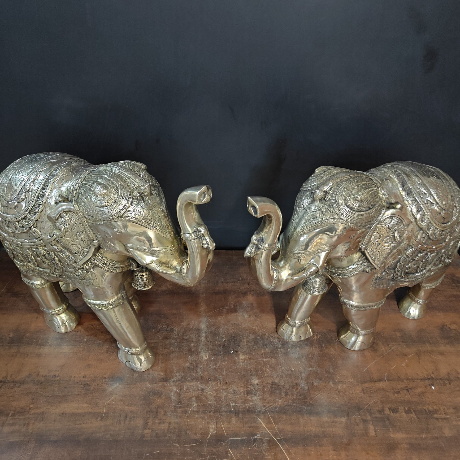 Brass Large Engraved Elephant Pair Statue Figurine Showpiece 22 Inch - Image 4
