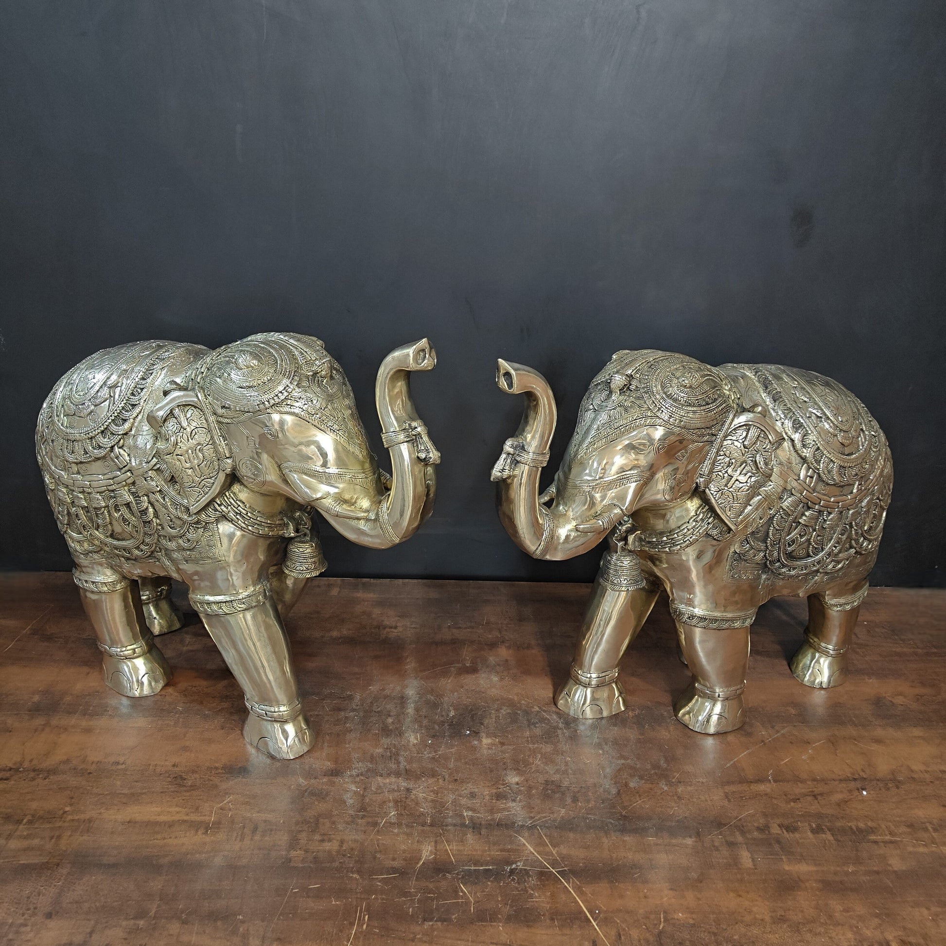 Brass Large Engraved Elephant Pair Statue Figurine Showpiece 22 Inch - Image 5