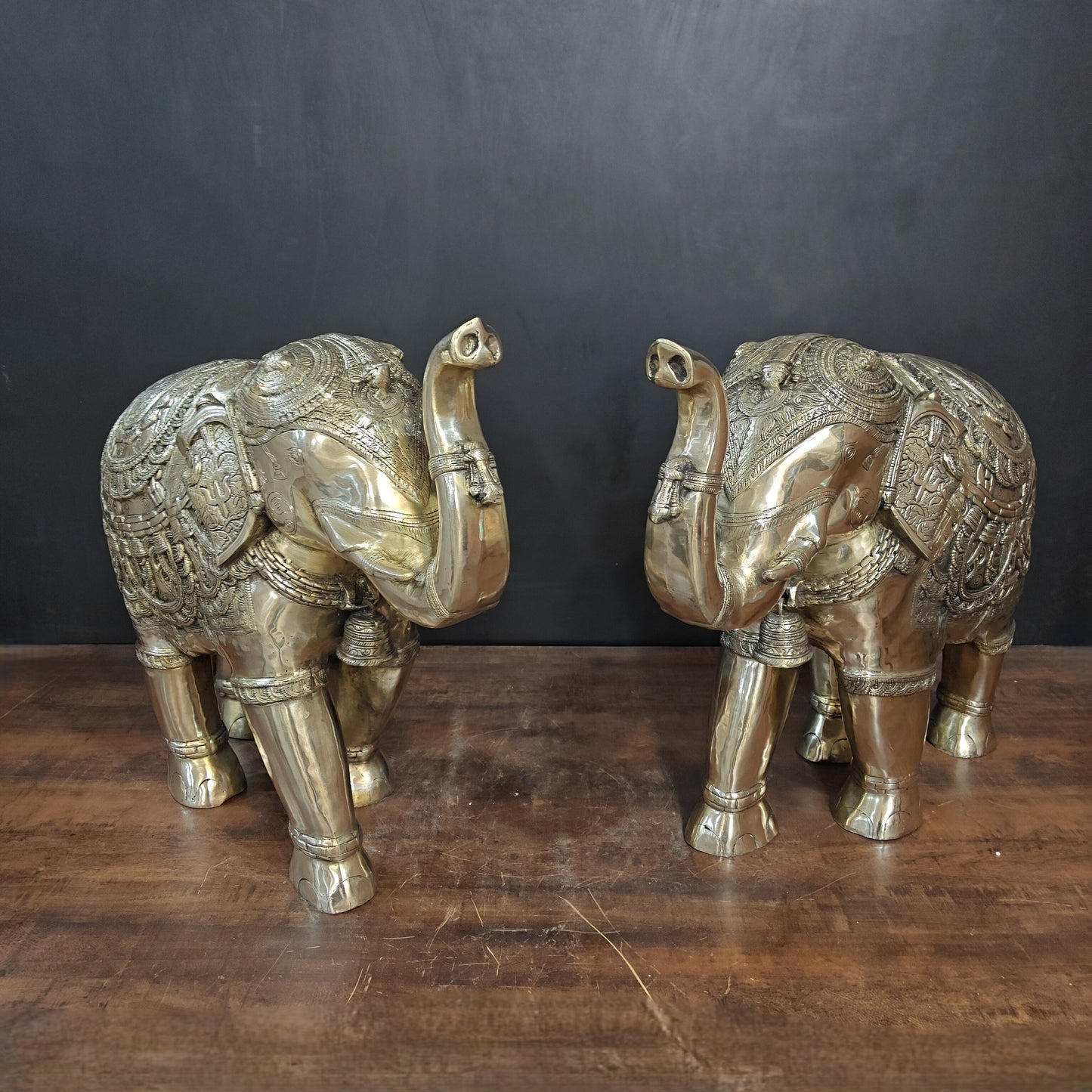 Brass Large Engraved Elephant Pair Statue Figurine Showpiece 22 Inch