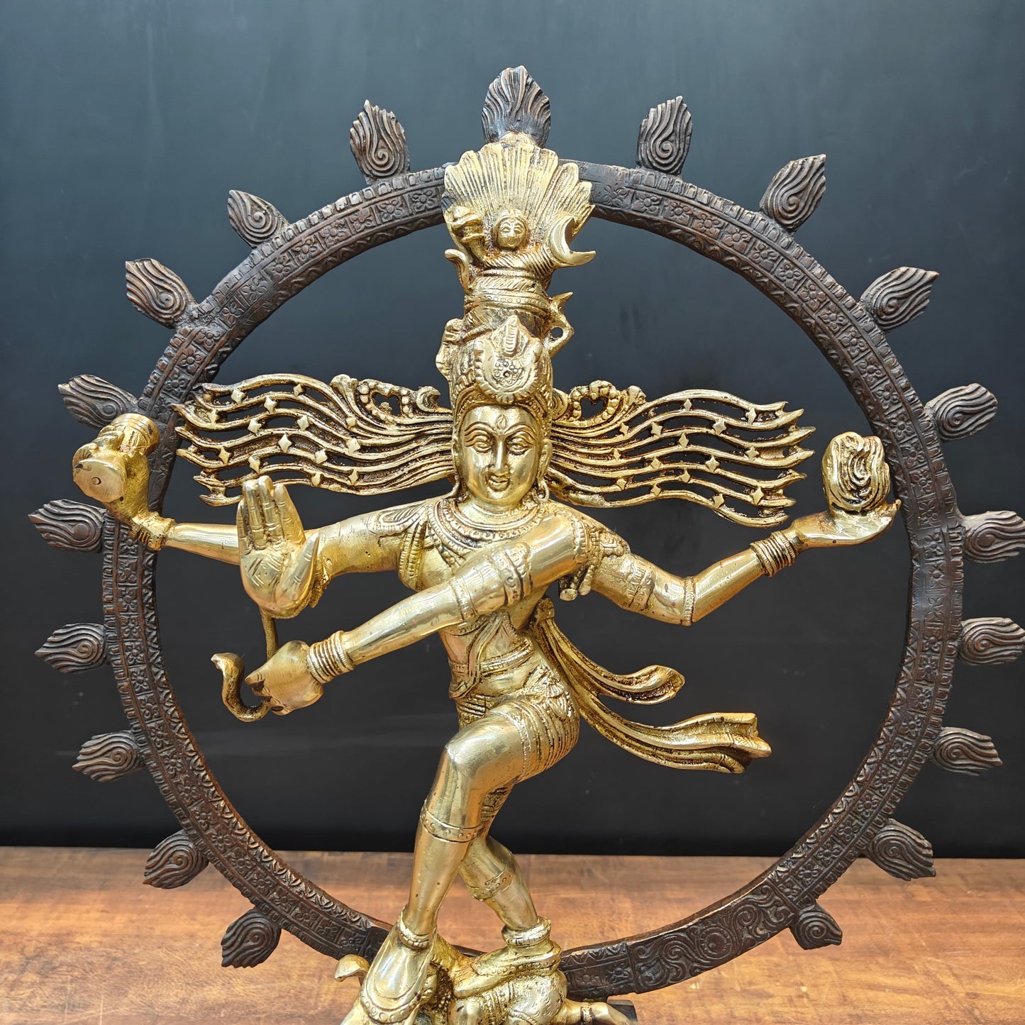 Brass Nataraja Idol On Pedestal Engraved with Aspects of Shiva 22 Inch