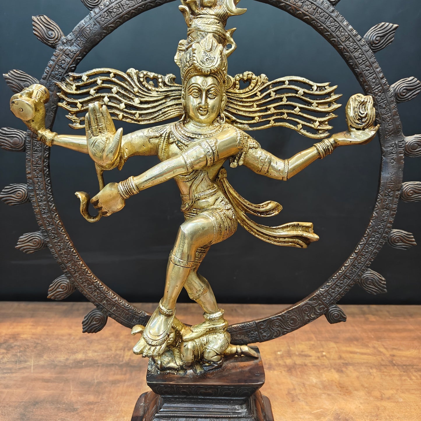 Brass Nataraja Idol On Pedestal Engraved with Aspects of Shiva 22 Inch