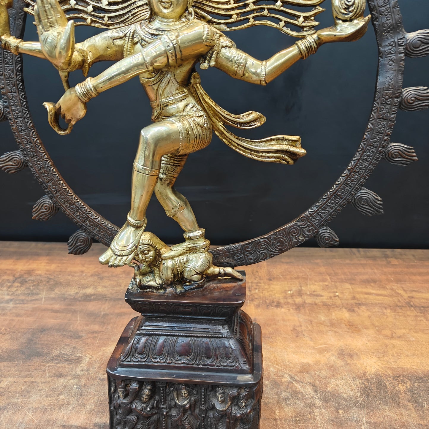 Brass Nataraja Idol On Pedestal Engraved with Aspects of Shiva 22 Inch