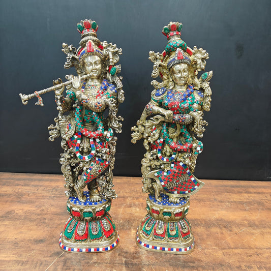Brass Radha Krishna Idols With Meenakari Stone Work 29 Inches Tall