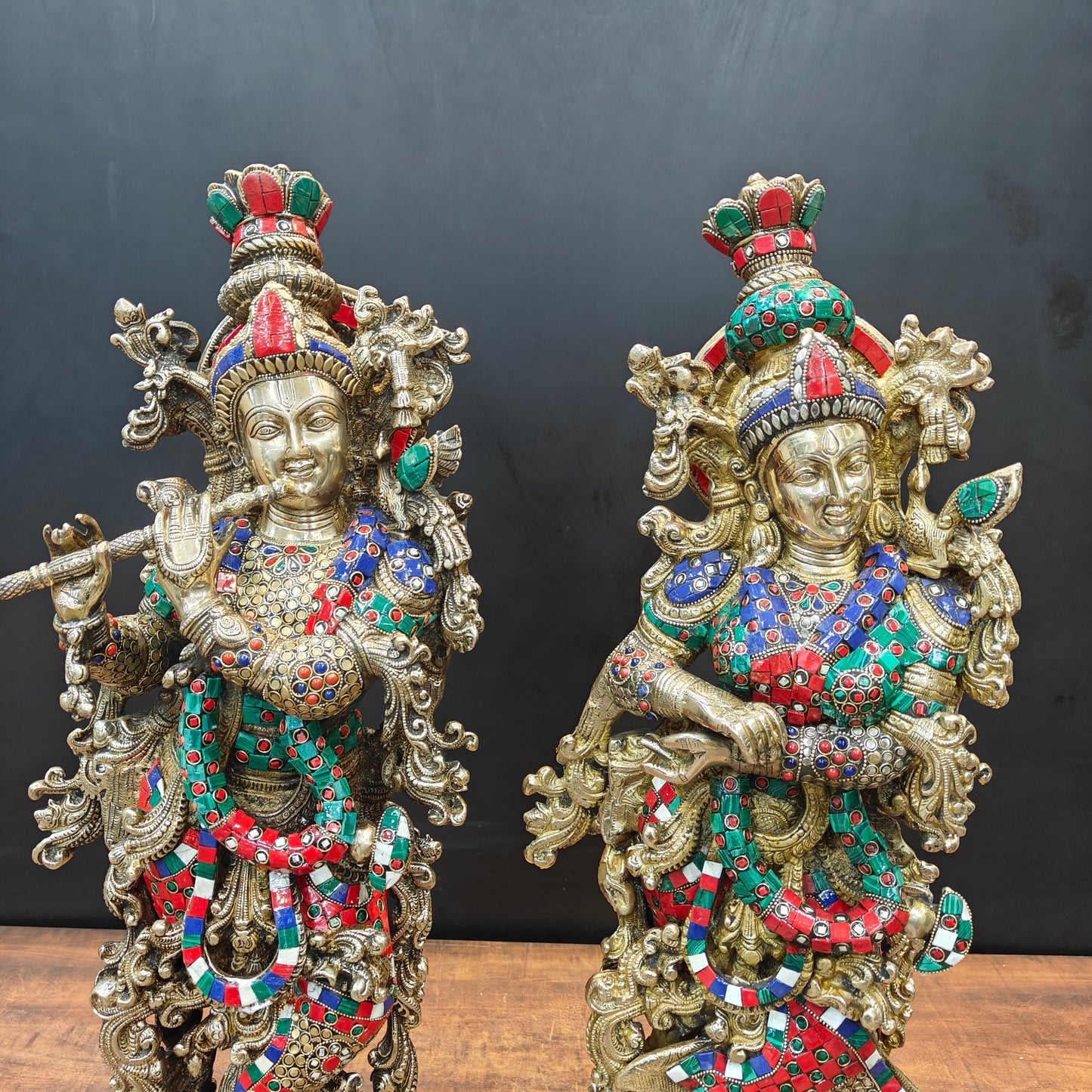 Brass Radha Krishna Idols With Meenakari Stone Work 29 Inches Tall