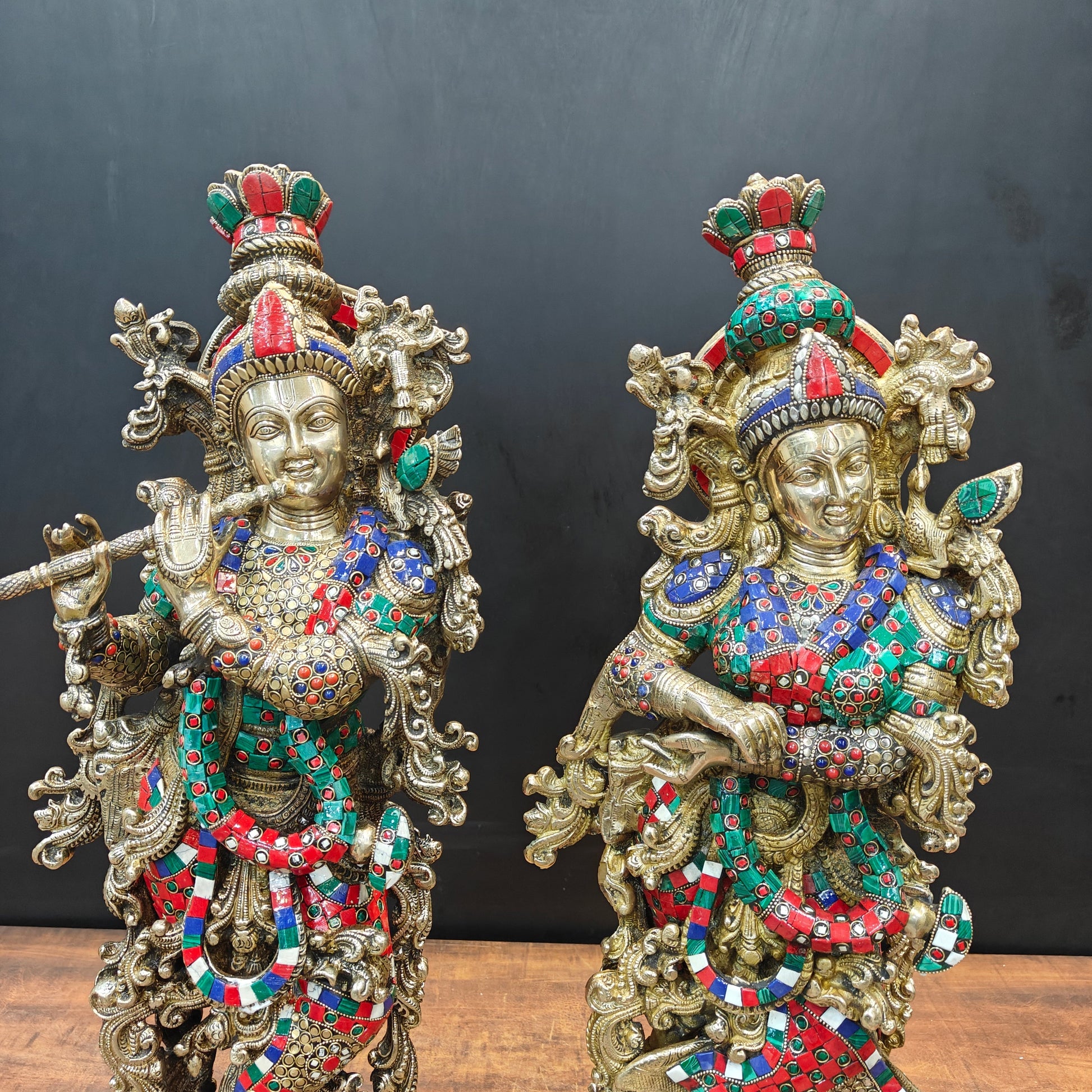 Brass Radha Krishna Idols With Meenakari Stone Work 29 Inches Tall - Image 2