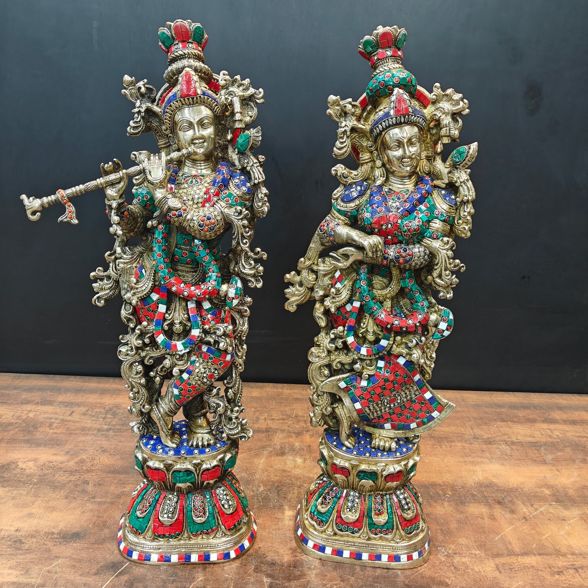 Brass Radha Krishna Idols With Meenakari Stone Work 29 Inches Tall - Image 3