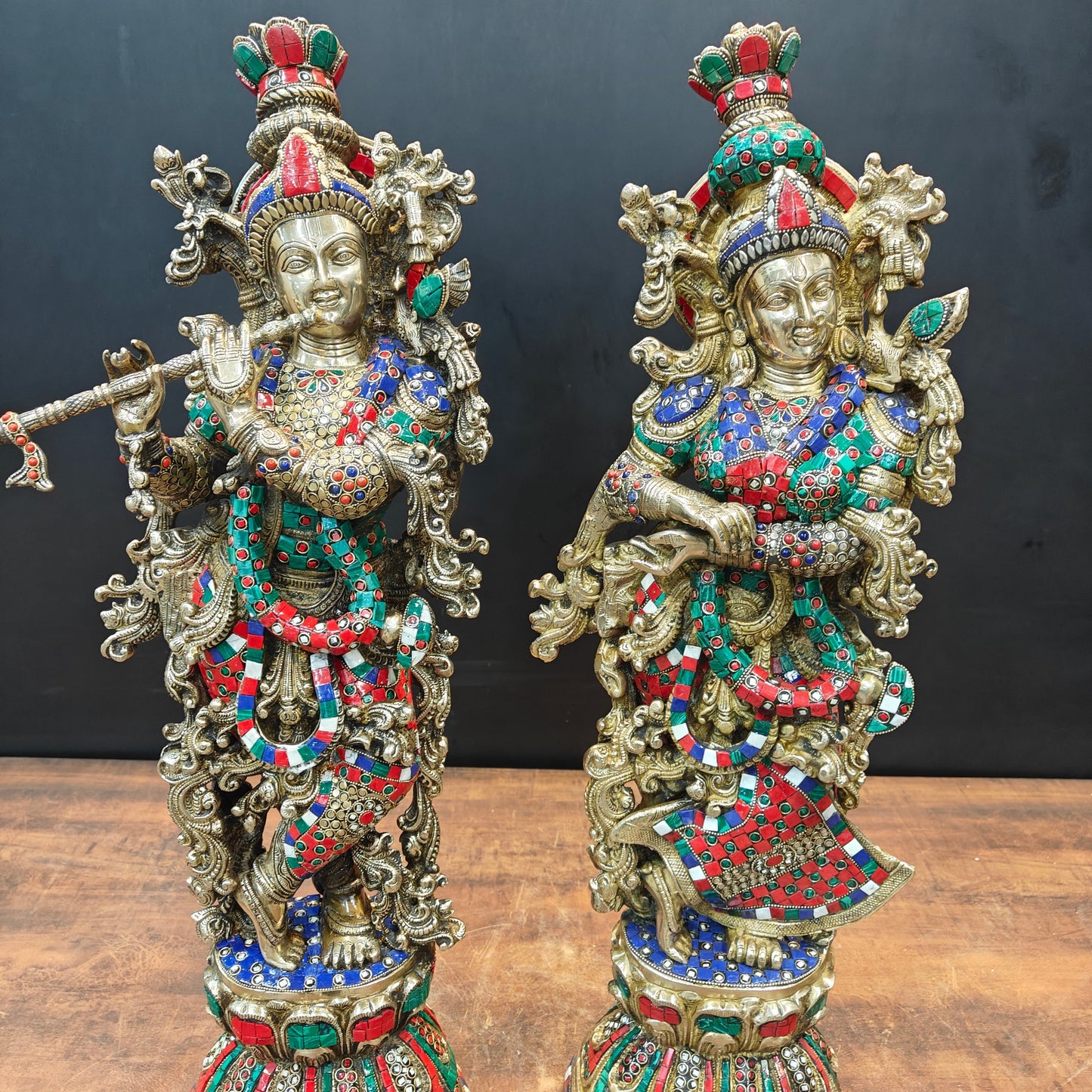 Brass Radha Krishna Idols With Meenakari Stone Work 29 Inches Tall