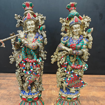 Brass Radha Krishna Idols With Meenakari Stone Work 29 Inches Tall by vendor-unknown - Hindu Gods (View 4)