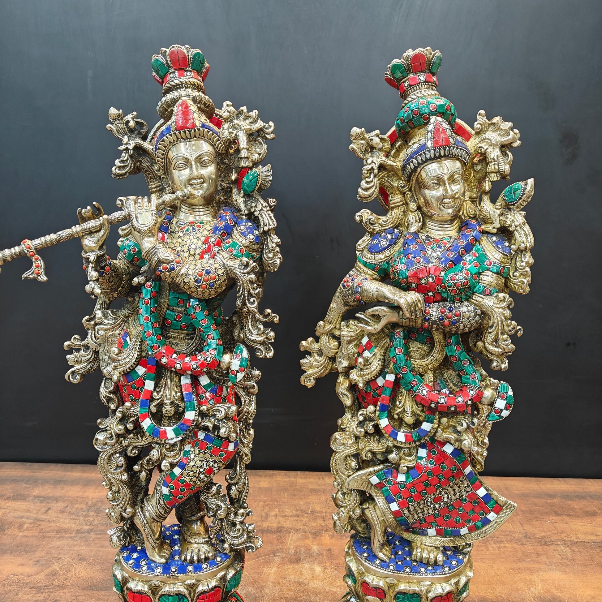 Brass Radha Krishna Idols With Meenakari Stone Work 29 Inches Tall - Image 5