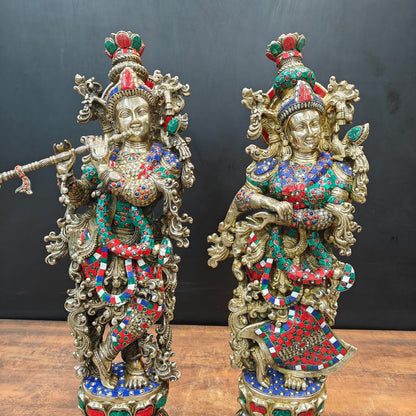 Brass Radha Krishna Idols With Meenakari Stone Work 29 Inches Tall by vendor-unknown - Hindu Gods (View 5)