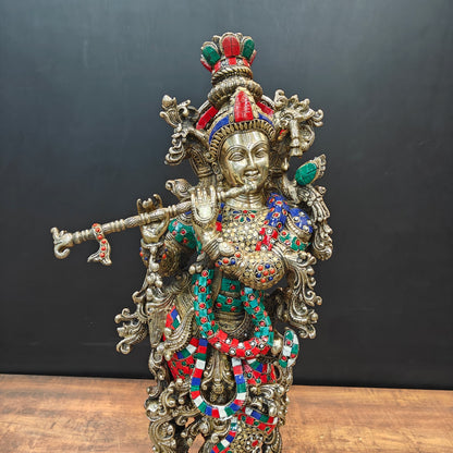 Brass Lord Krishna Statue With Stone work 29 Inches by vendor-unknown - Hindu Gods (View 2)