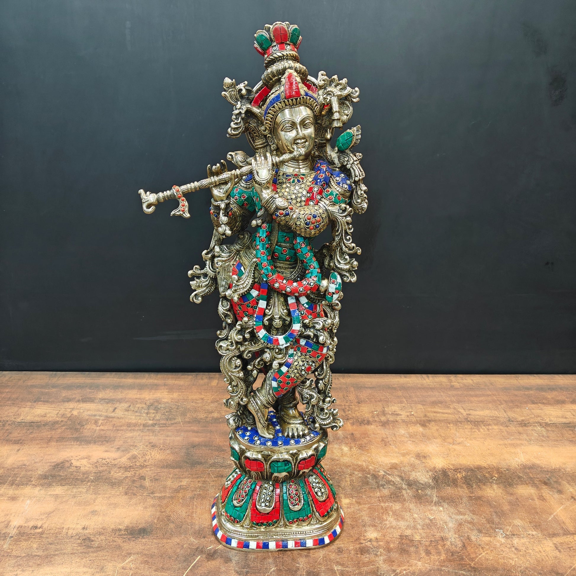Brass Lord Krishna Statue With Stone work 29 Inches - Image 3