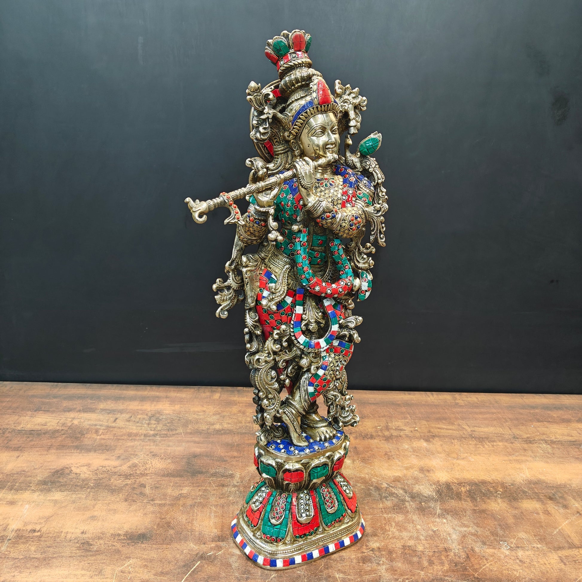 Brass Lord Krishna Statue With Stone work 29 Inches - Image 4