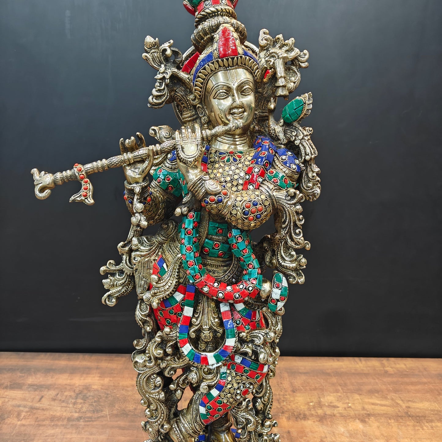 Brass Lord Krishna Statue With Stone work 29 Inches