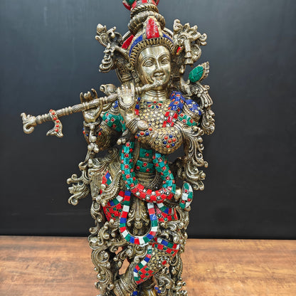 Brass Lord Krishna Statue With Stone work 29 Inches by vendor-unknown - Hindu Gods (View 5)