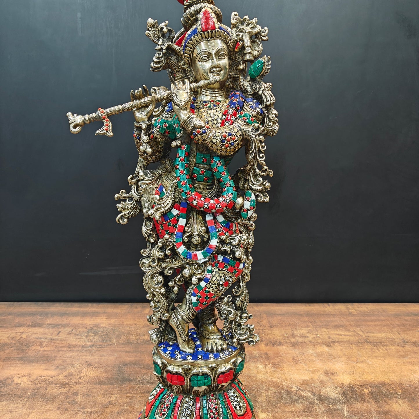 Brass Lord Krishna Statue With Stone work 29 Inches