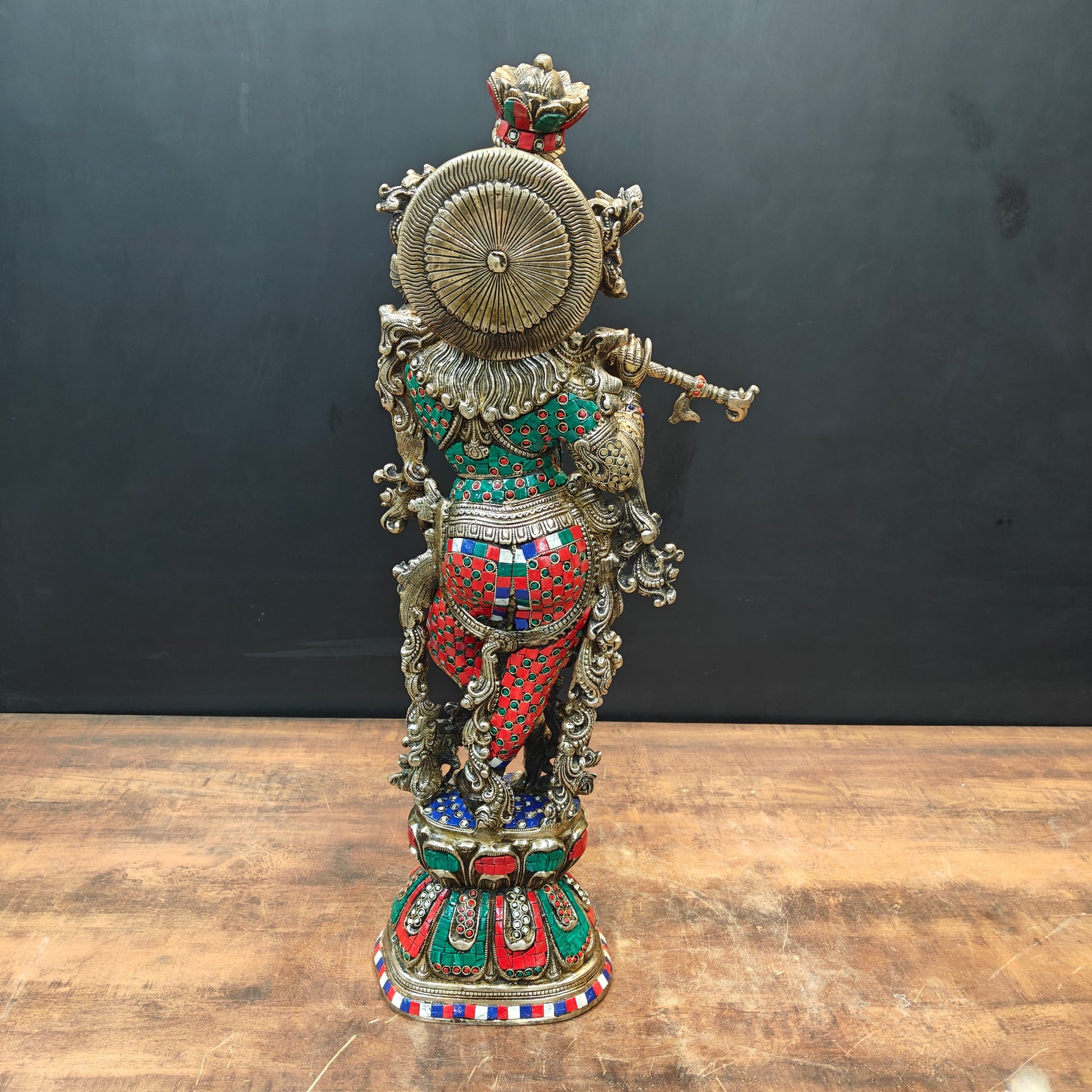 Brass Lord Krishna Statue With Stone work 29 Inches - Image 7