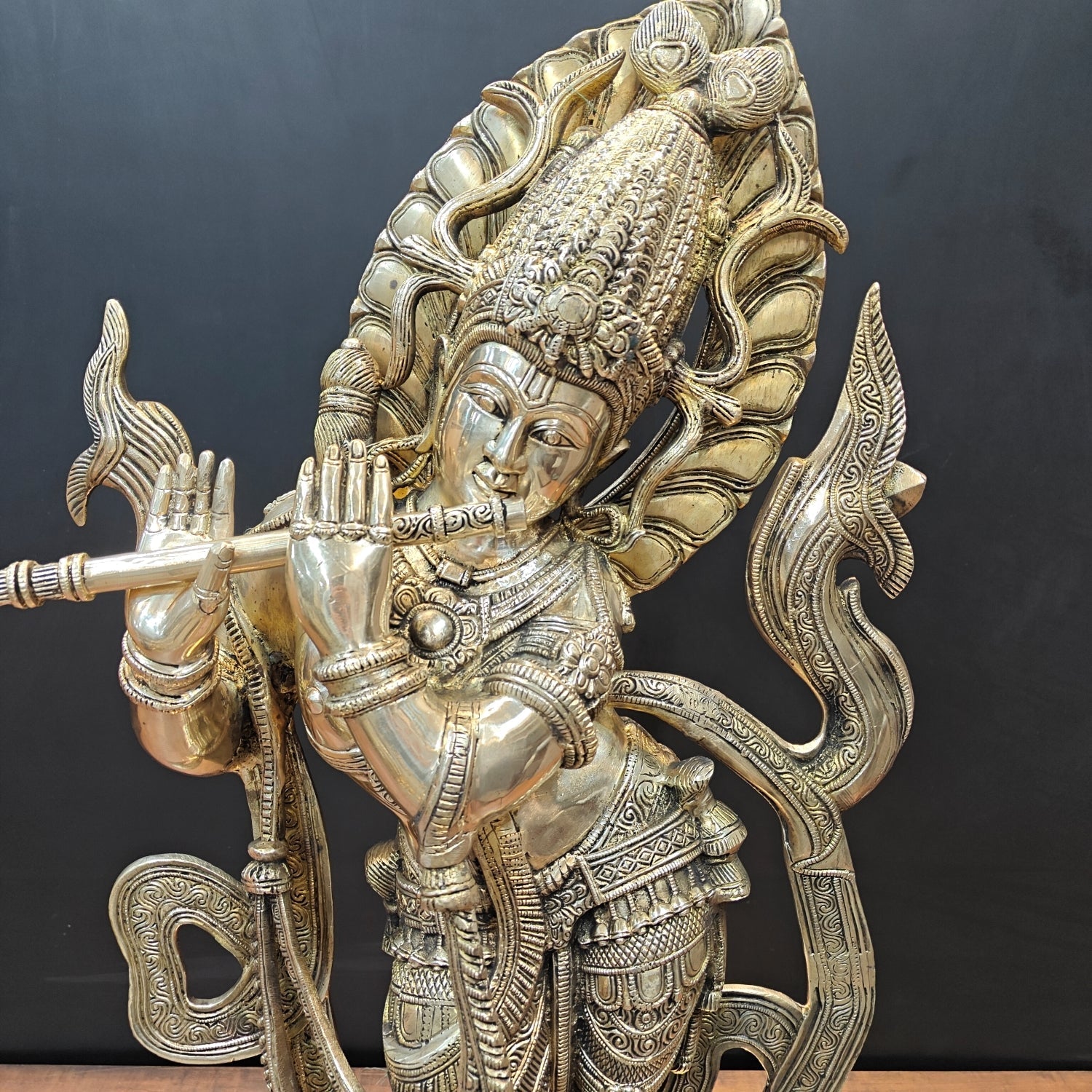 Brass Large Krishna Statue Playing Flute On Pedestal 3 Feet - Image 2