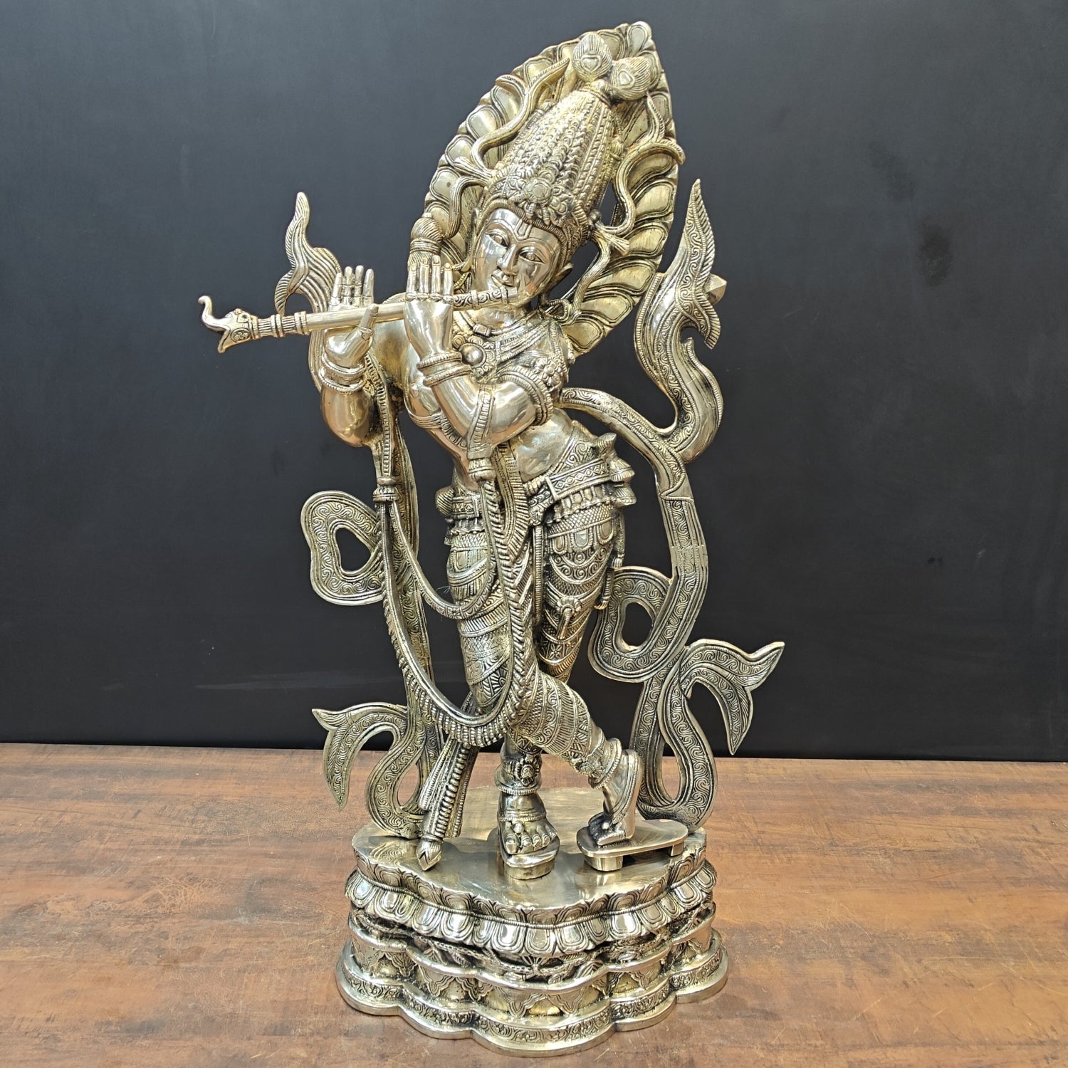 Brass Large Krishna Statue Playing Flute On Pedestal 3 Feet - Image 3