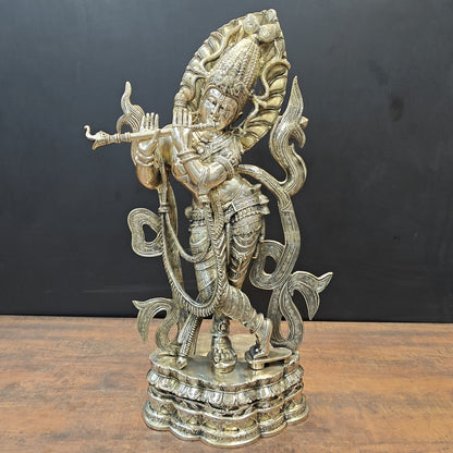 Brass Large Krishna Statue Playing Flute On Pedestal 3 Feet by vendor-unknown - Hindu Gods (View 3)