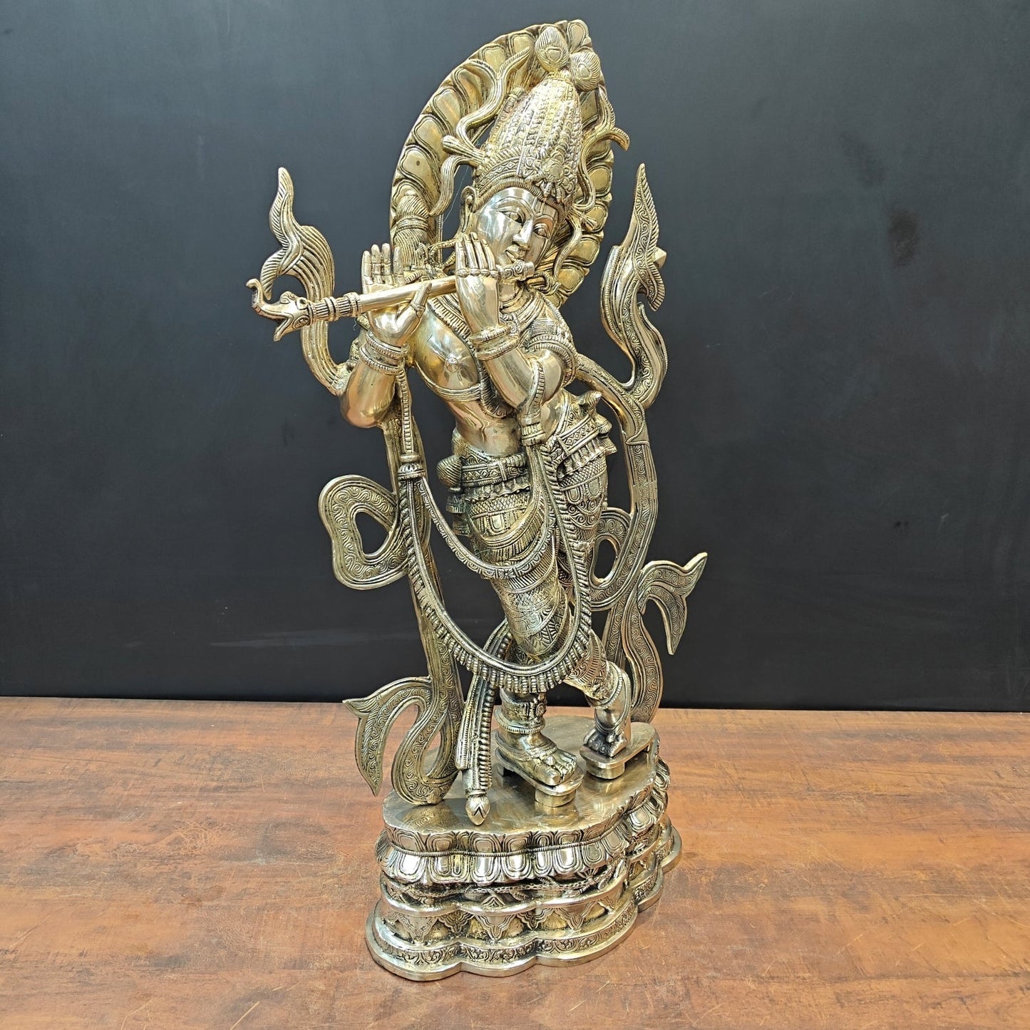 Brass Large Krishna Statue Playing Flute On Pedestal 3 Feet