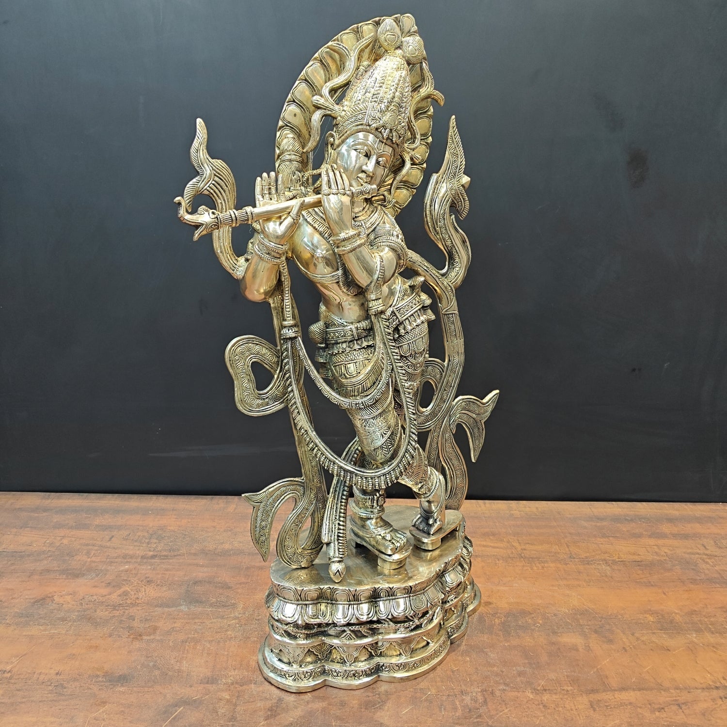 Brass Large Krishna Statue Playing Flute On Pedestal 3 Feet - Image 4