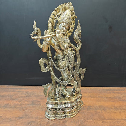 Brass Large Krishna Statue Playing Flute On Pedestal 3 Feet by vendor-unknown - Hindu Gods (View 4)