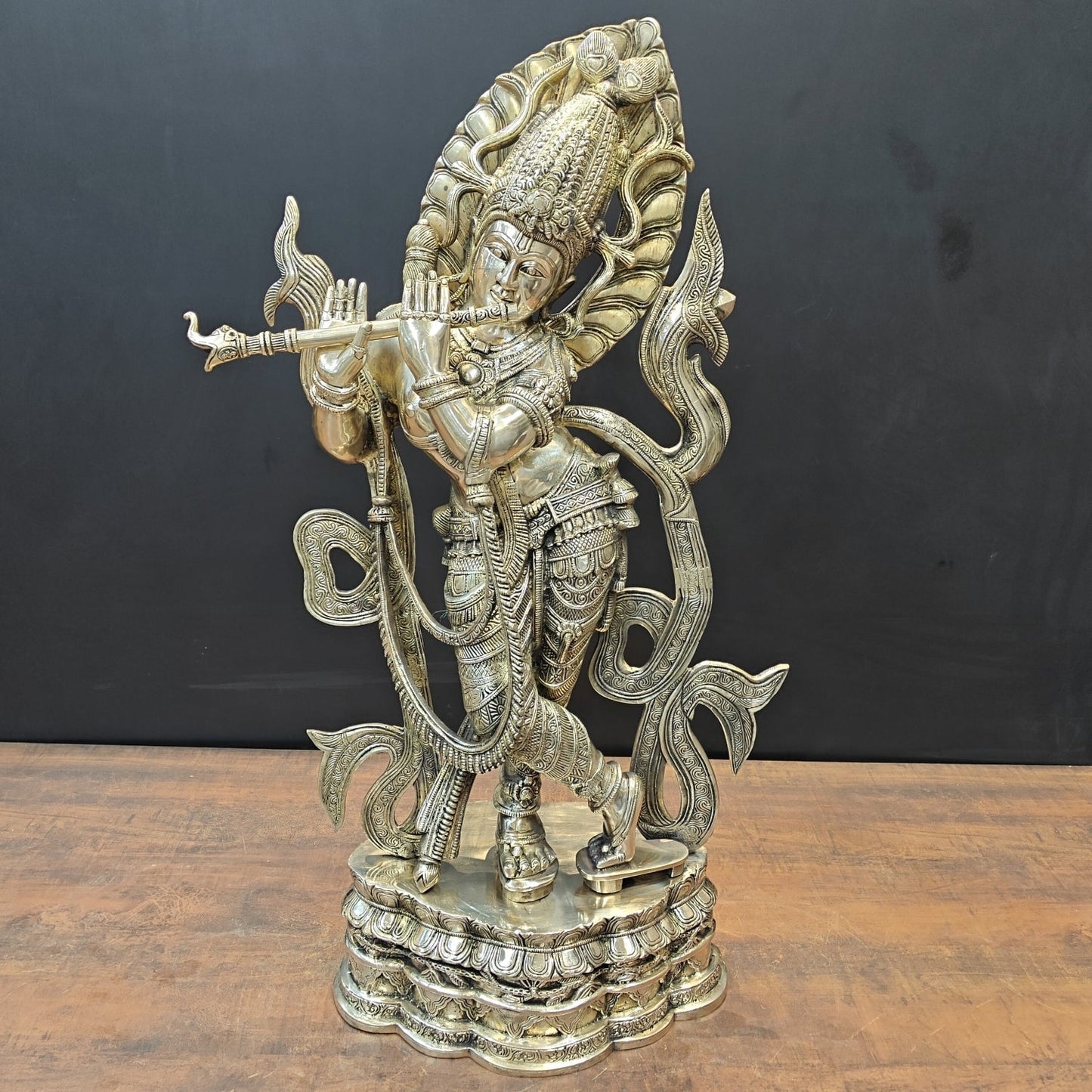 Brass Large Krishna Statue Playing Flute On Pedestal 3 Feet