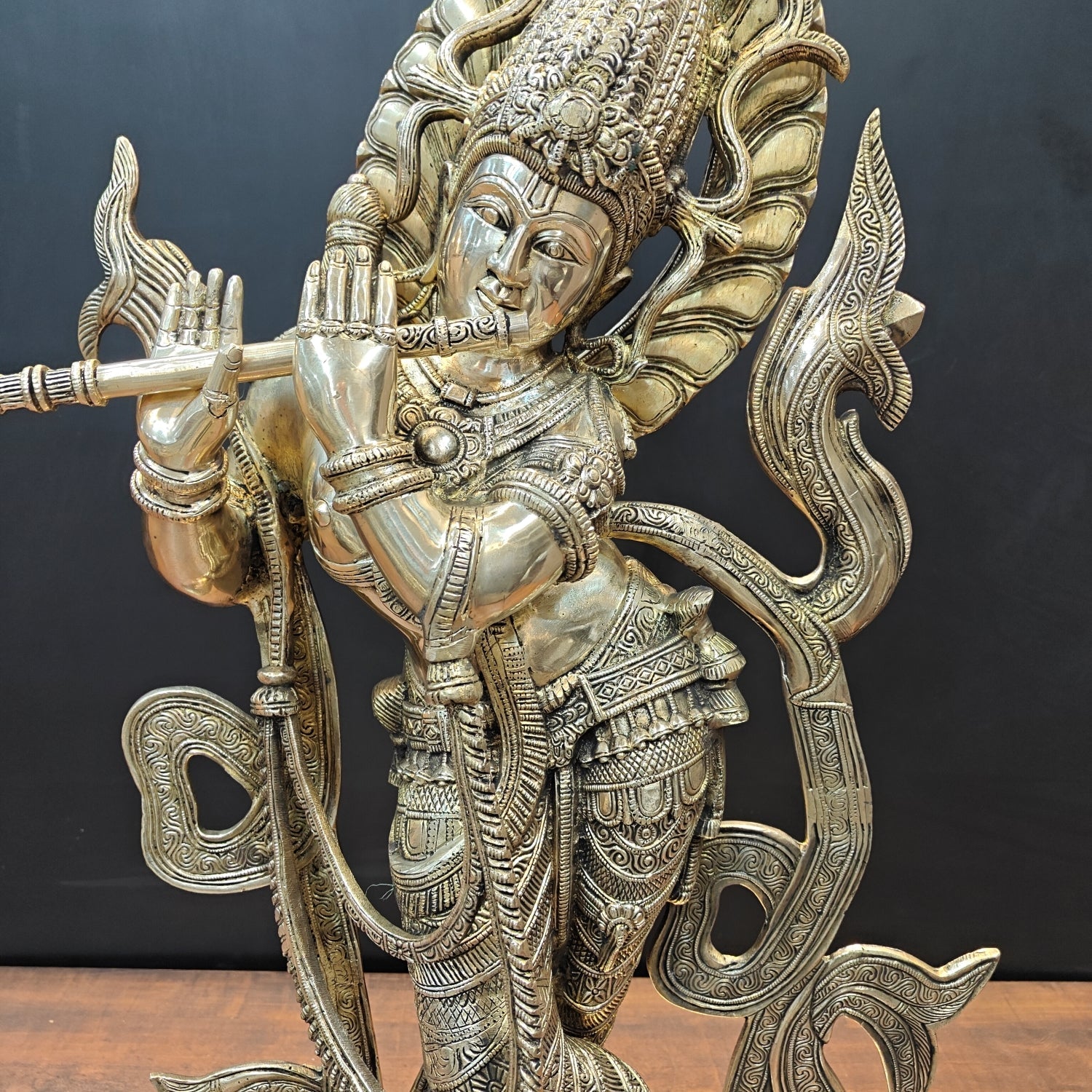 Brass Large Krishna Statue Playing Flute On Pedestal 3 Feet - Image 6