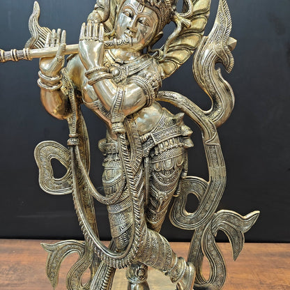 Brass Large Krishna Statue Playing Flute On Pedestal 3 Feet by vendor-unknown - Hindu Gods (View 7)