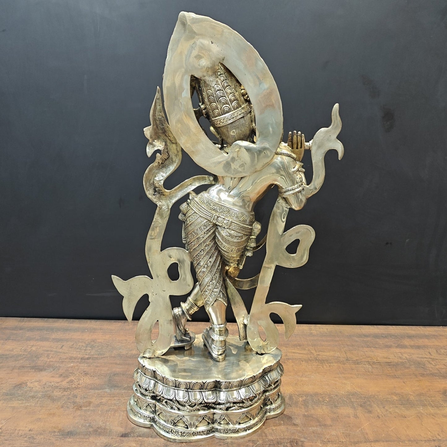 Brass Large Krishna Statue Playing Flute On Pedestal 3 Feet