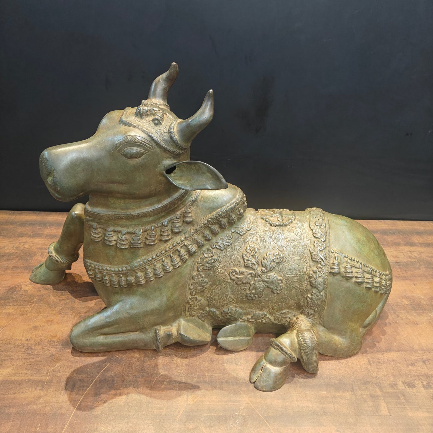 Brass Large Nandi Sculpture Green Patina Finish 33 Inches