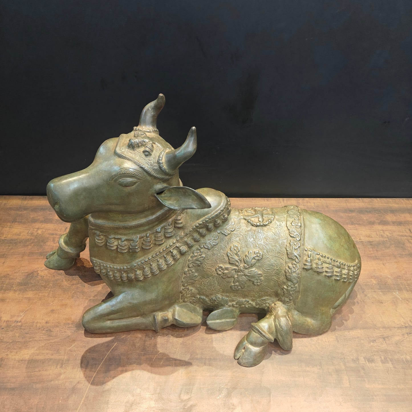 Brass Large Nandi Sculpture Green Patina Finish 33 Inches