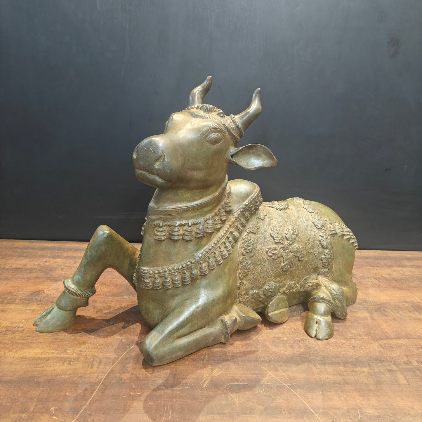 Brass Large Nandi Sculpture Green Patina Finish 33 Inches