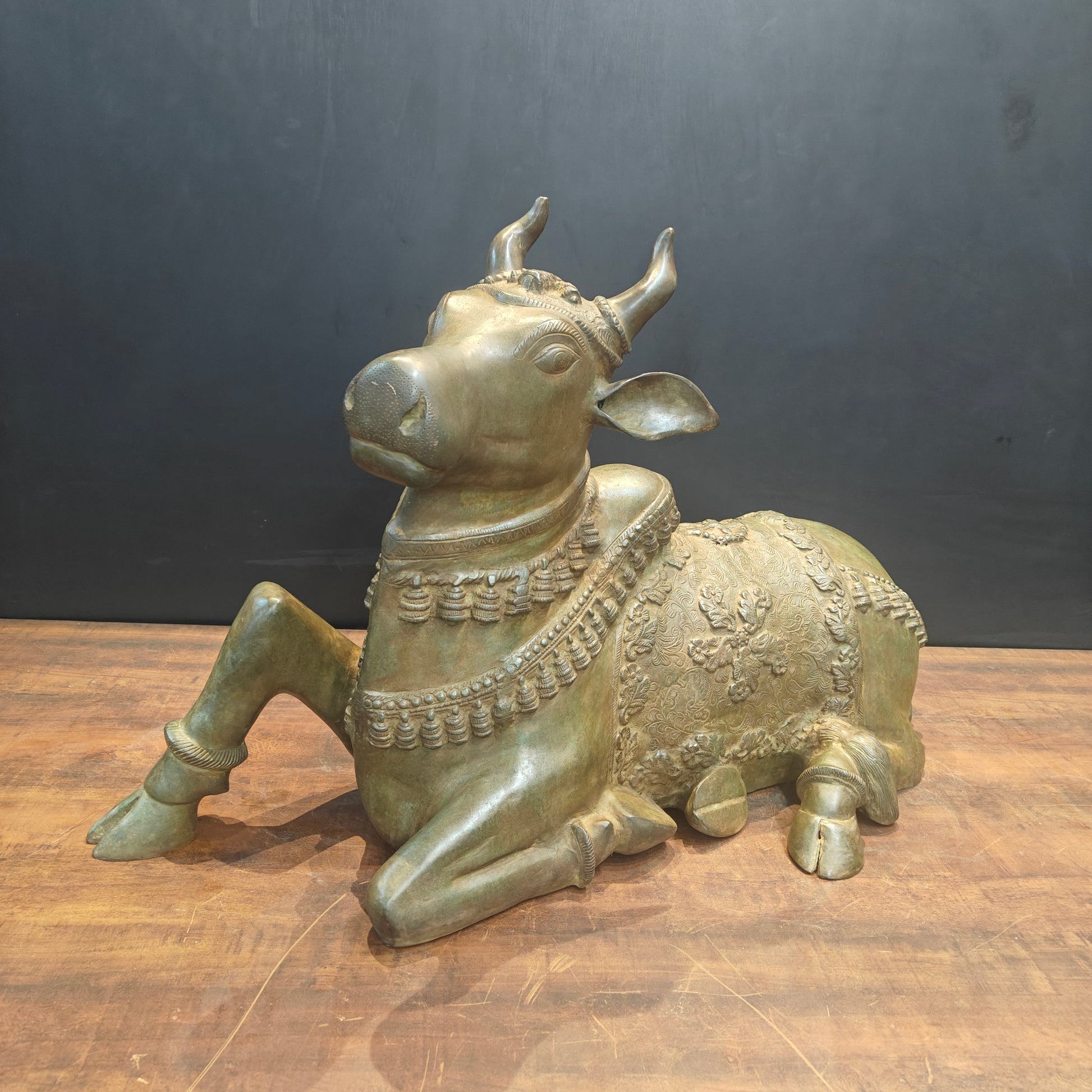 Brass Large Nandi Sculpture Green Patina Finish 33 Inches - Image 5