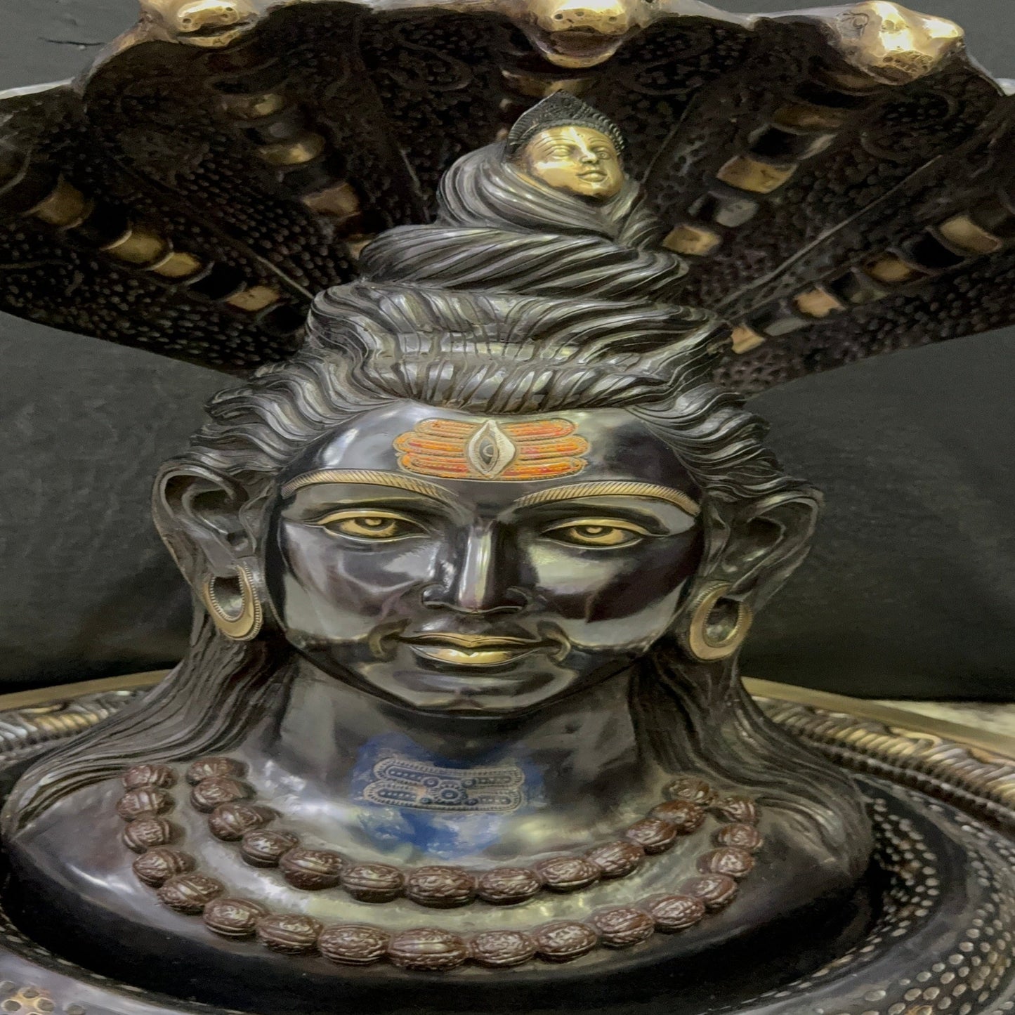 Brass Shiv Lingam Idol with Shiva Face and Vasuki Naag Black Patina Finish 35 Inch