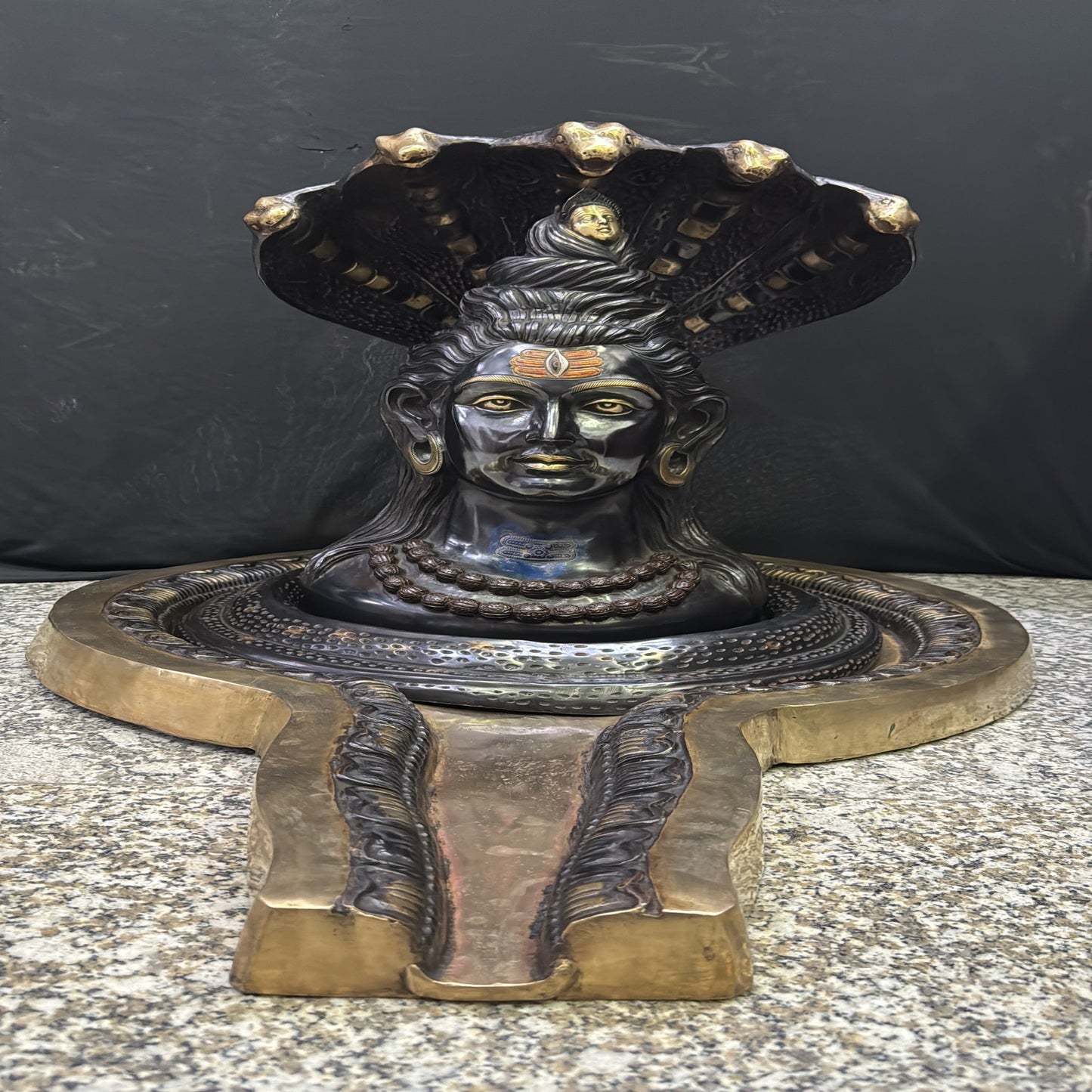 Brass Shiv Lingam Idol with Shiva Face and Vasuki Naag Black Patina Finish 35 Inch