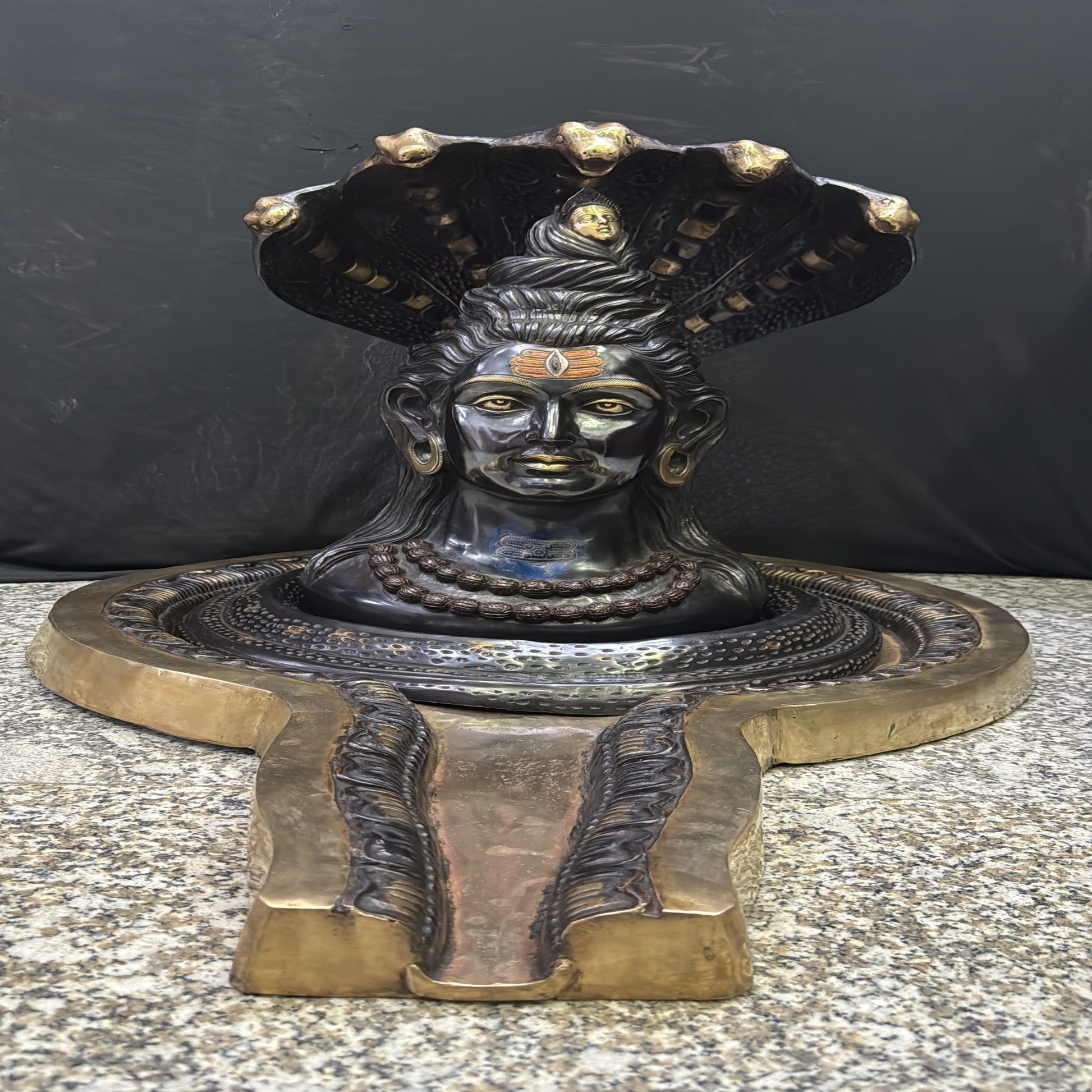 Brass Shiv Lingam Idol with Shiva Face and Vasuki Naag Black Patina Finish 35 Inch - Image 3