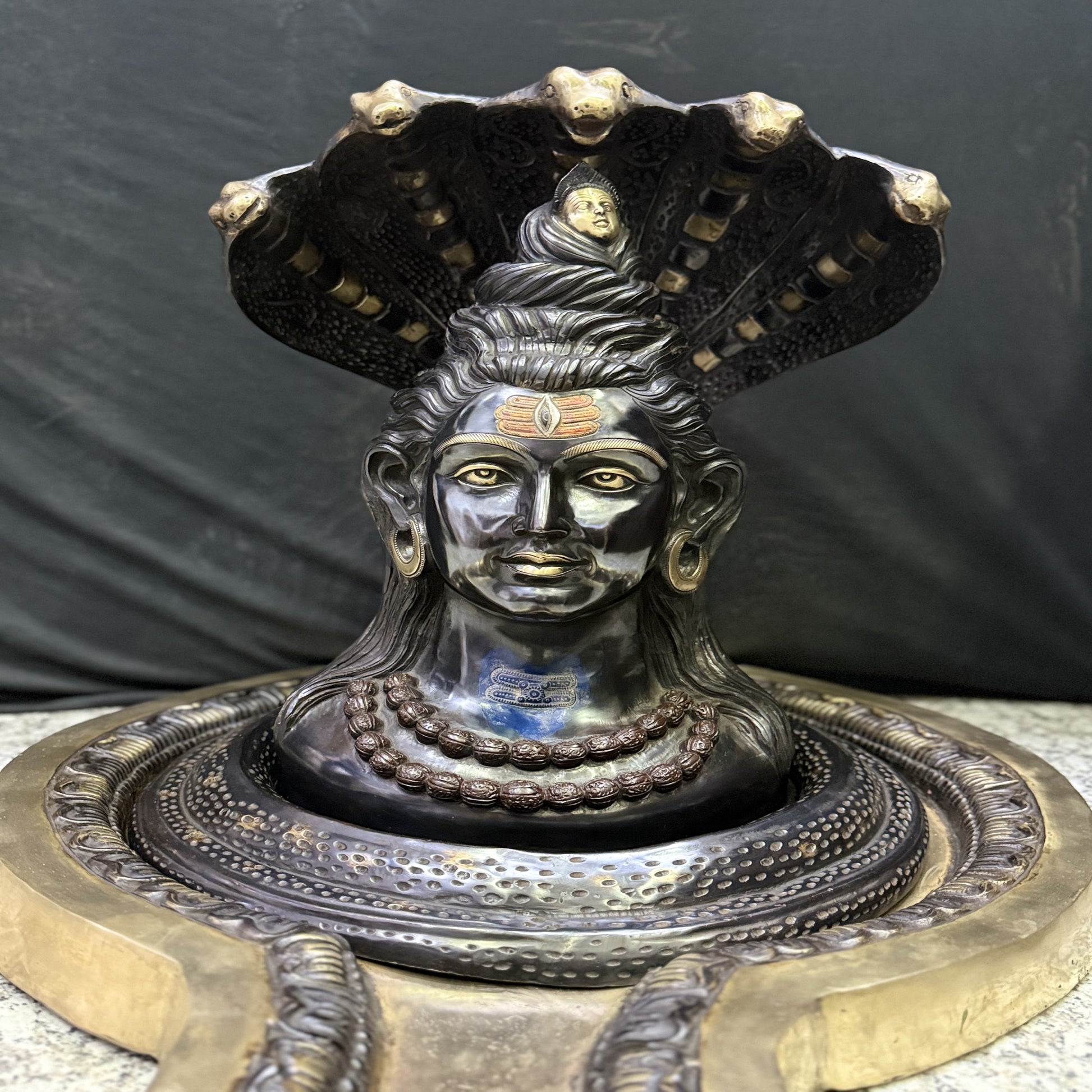 Brass Shiv Lingam Idol with Shiva Face and Vasuki Naag Black Patina Finish 35 Inch - Image 4