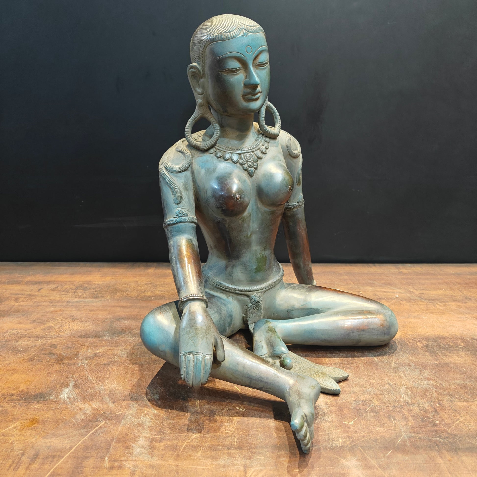 Brass Seated Nepalese Parvati Idol Antique Patina Finish 1.5 Feet - Image 4