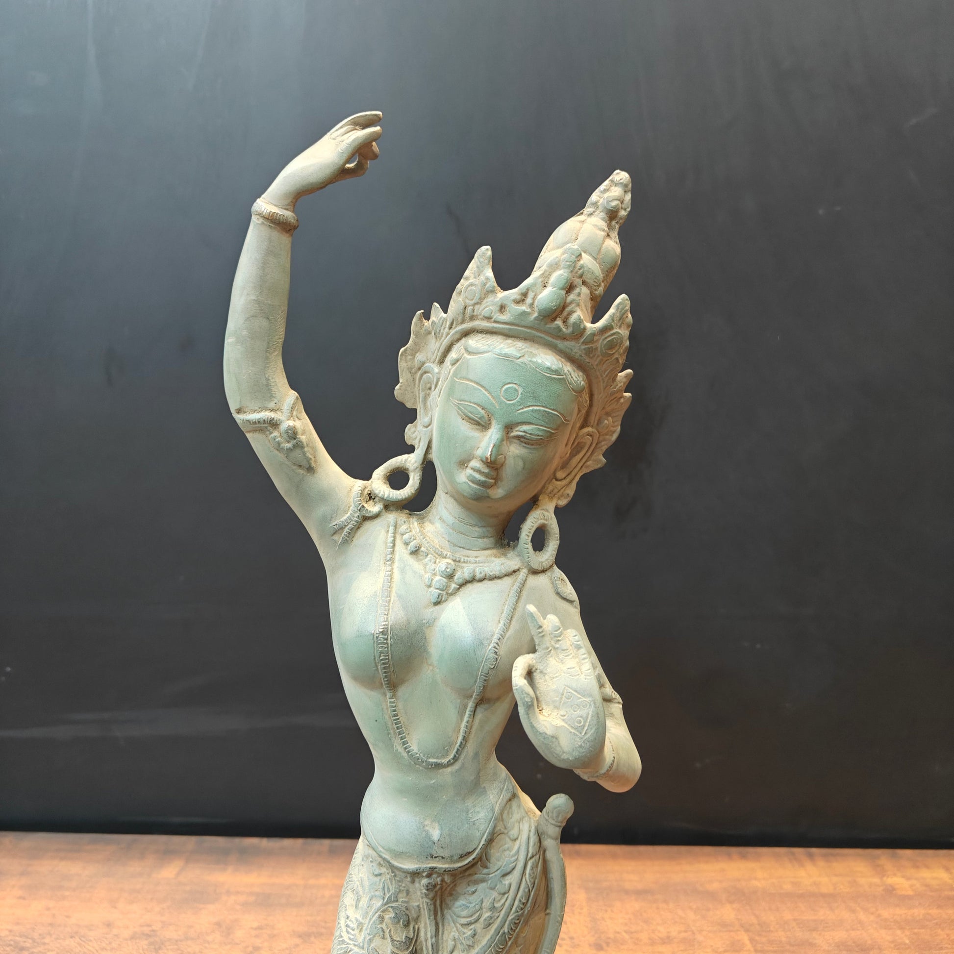 Brass Tibetan Buddhist Maya Devi Statue Green Patina Finish 19 Inch - Image 2