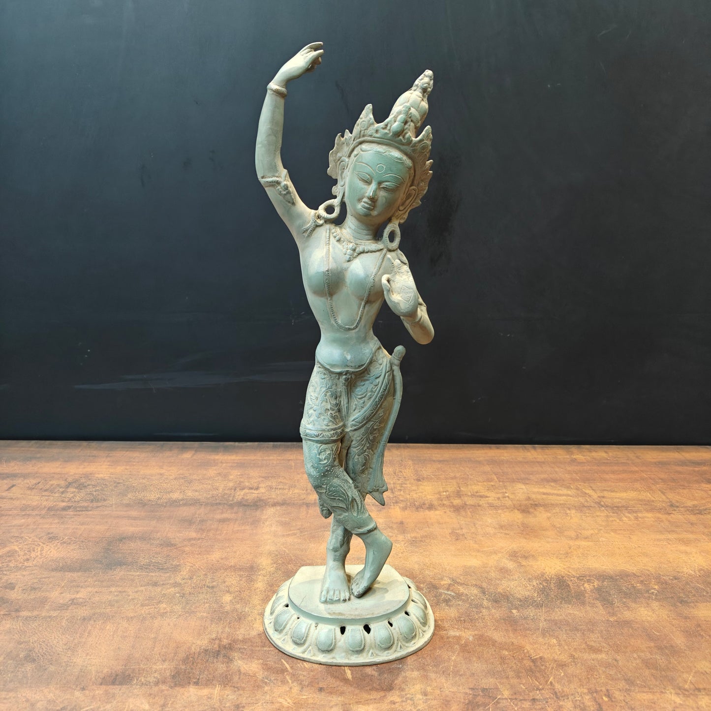 Brass Tibetan Buddhist Maya Devi Statue Green Patina Finish 19 Inch