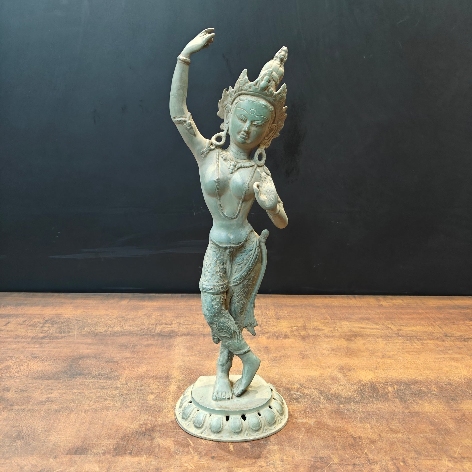 Brass Tibetan Buddhist Maya Devi Statue Green Patina Finish 19 Inch - Image 3