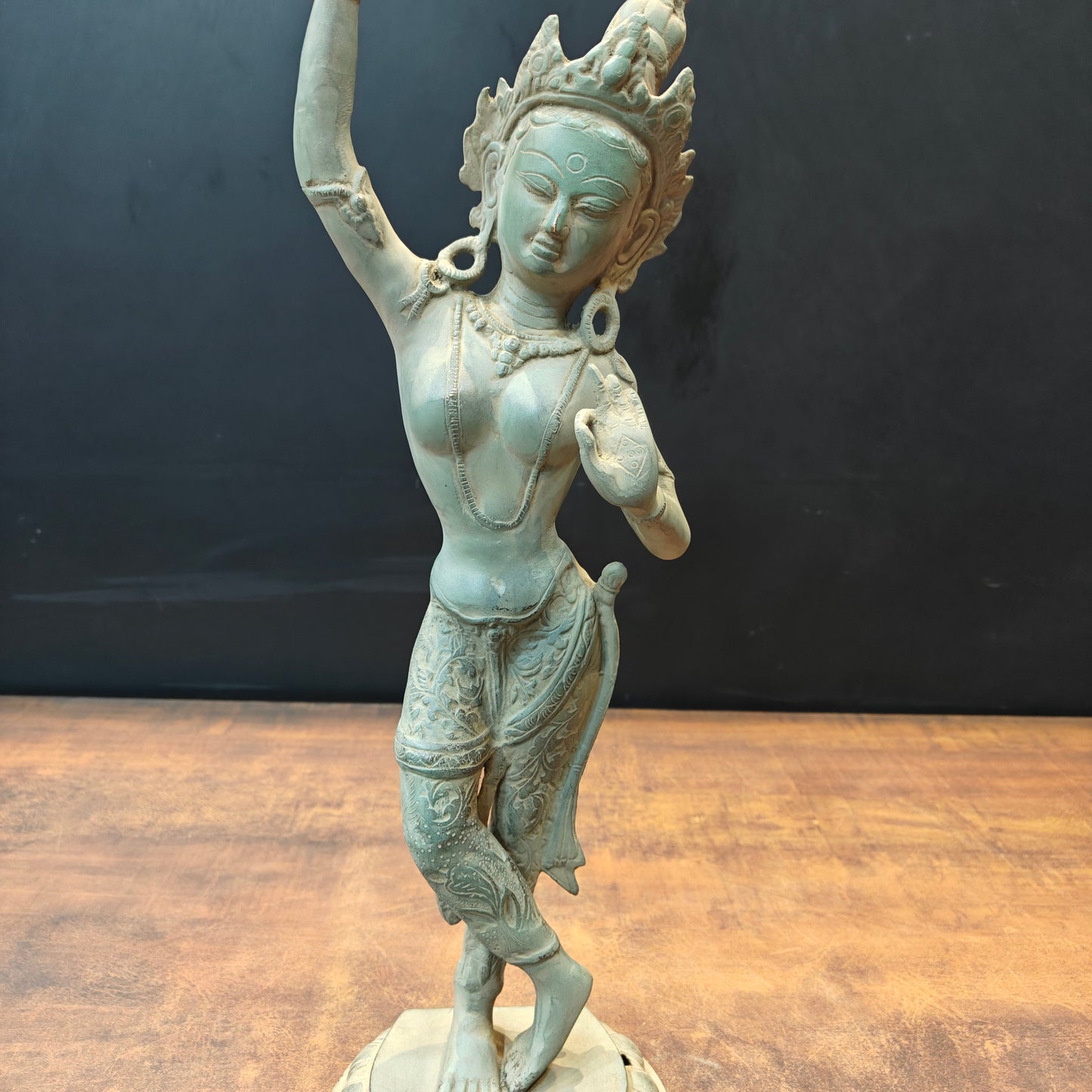 Brass Tibetan Buddhist Maya Devi Statue Green Patina Finish 19 Inch