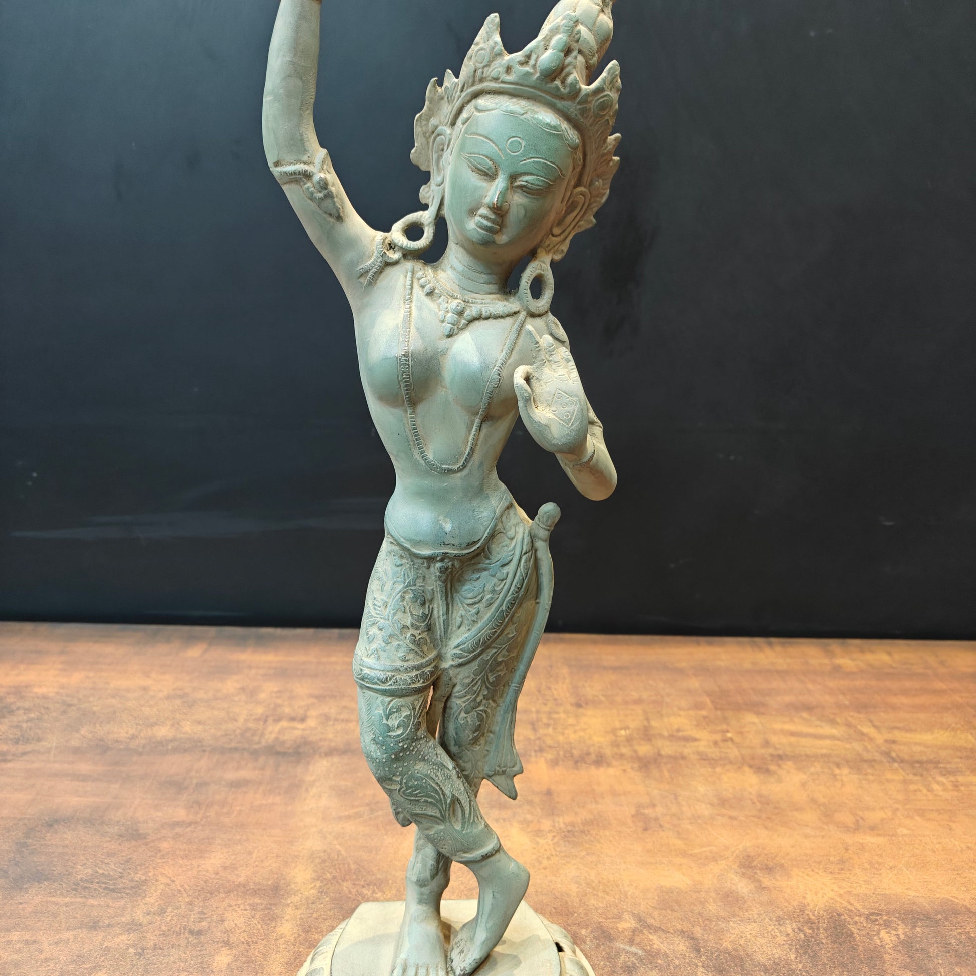 Brass Tibetan Buddhist Maya Devi Statue Green Patina Finish 19 Inch - Image 5