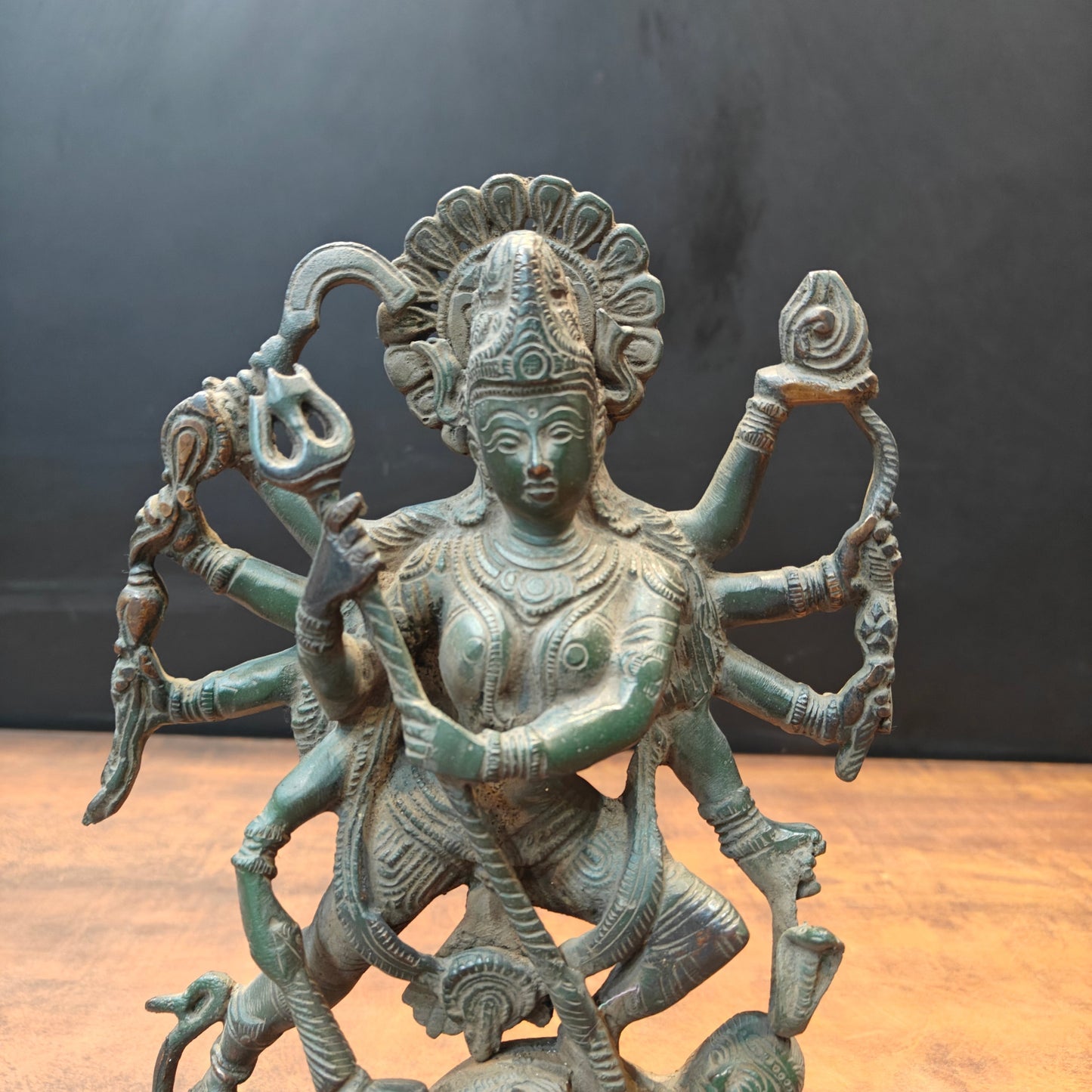 Brass Kali Statue With Temple Arch Antique Patina Finish 11 Inch