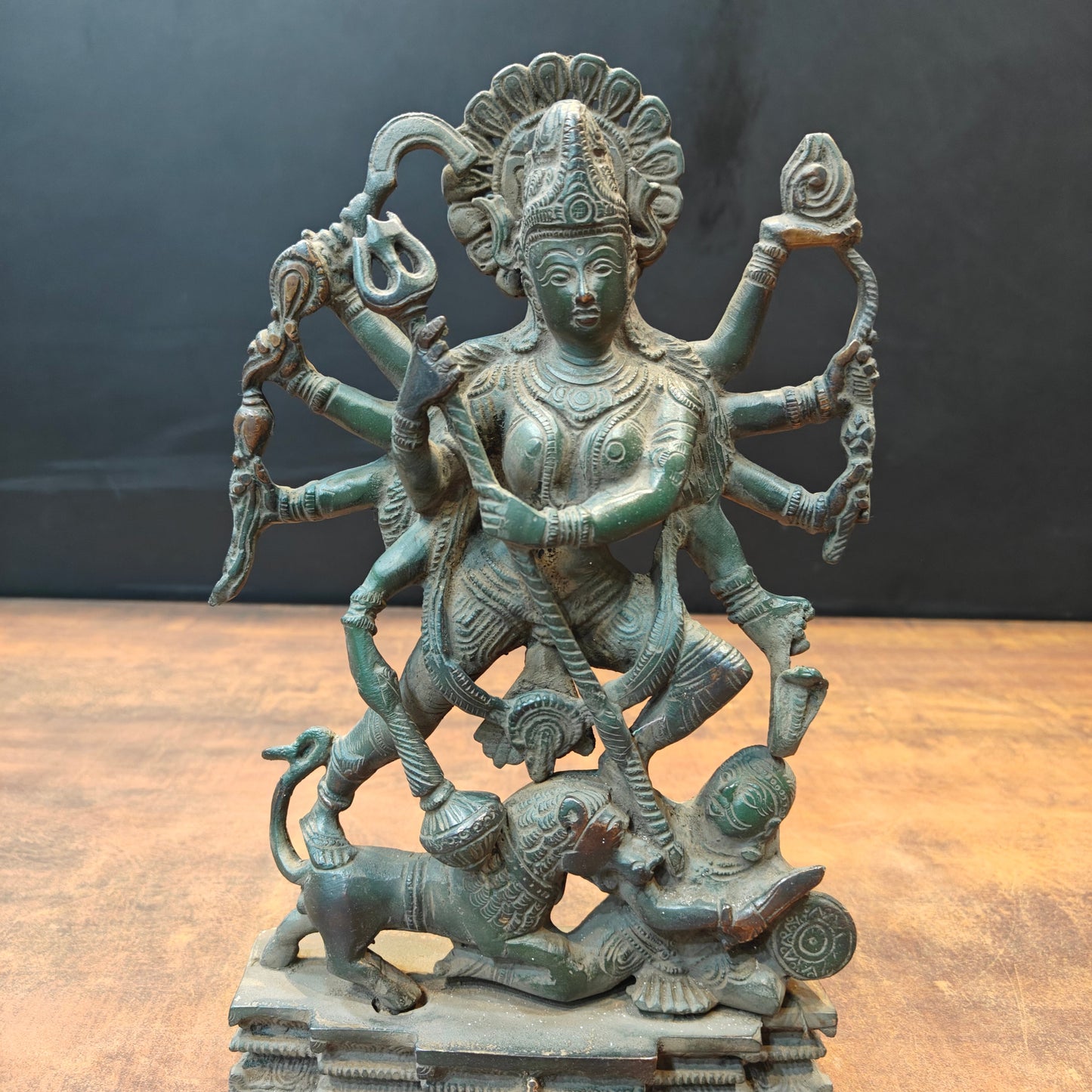 Brass Kali Statue With Temple Arch Antique Patina Finish 11 Inch