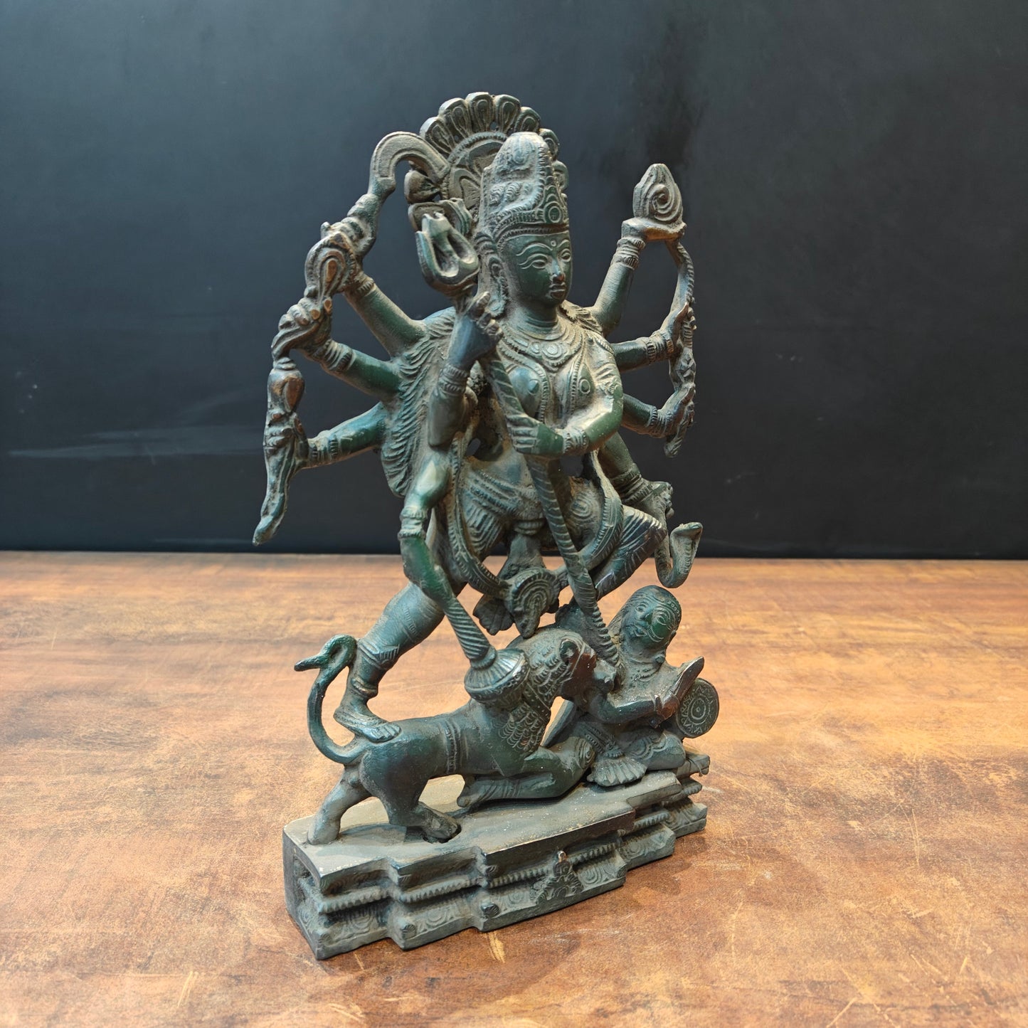 Brass Kali Statue With Temple Arch Antique Patina Finish 11 Inch